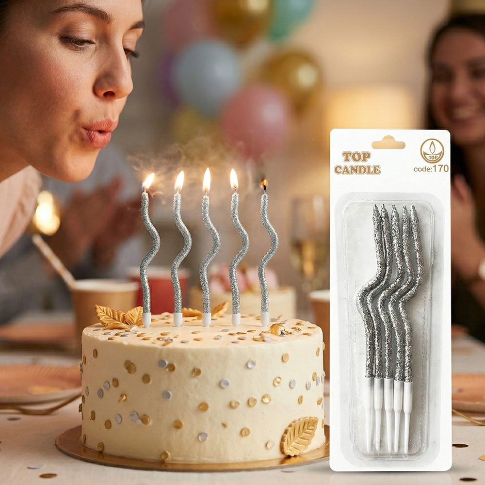 Gümüş Simli Kıvrımlı Pasta Mumu 12 cm 5 Adet
