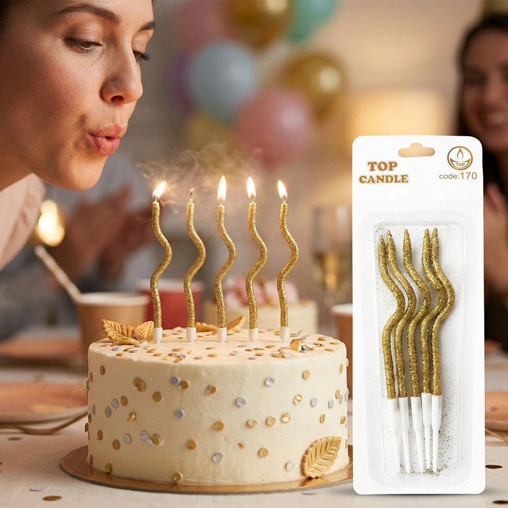 Altın Simli Kıvrımlı Pasta Mumu 12 cm 5 Adet