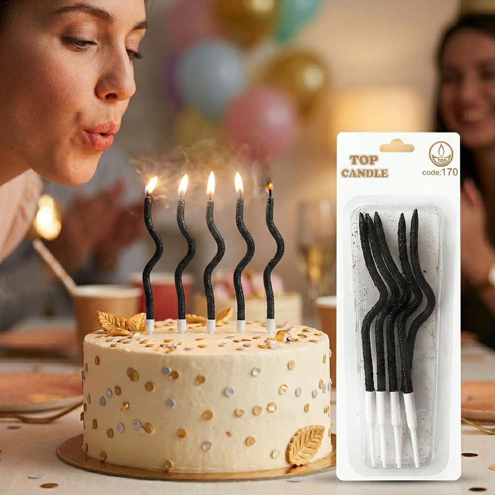 Siyah Simli Kıvrımlı Pasta Mumu 12 cm 5 Adet