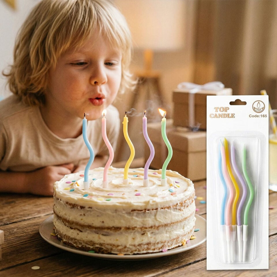 Makaron Renkli Kıvrımlı Pasta Mumu 12 cm 5 Adet