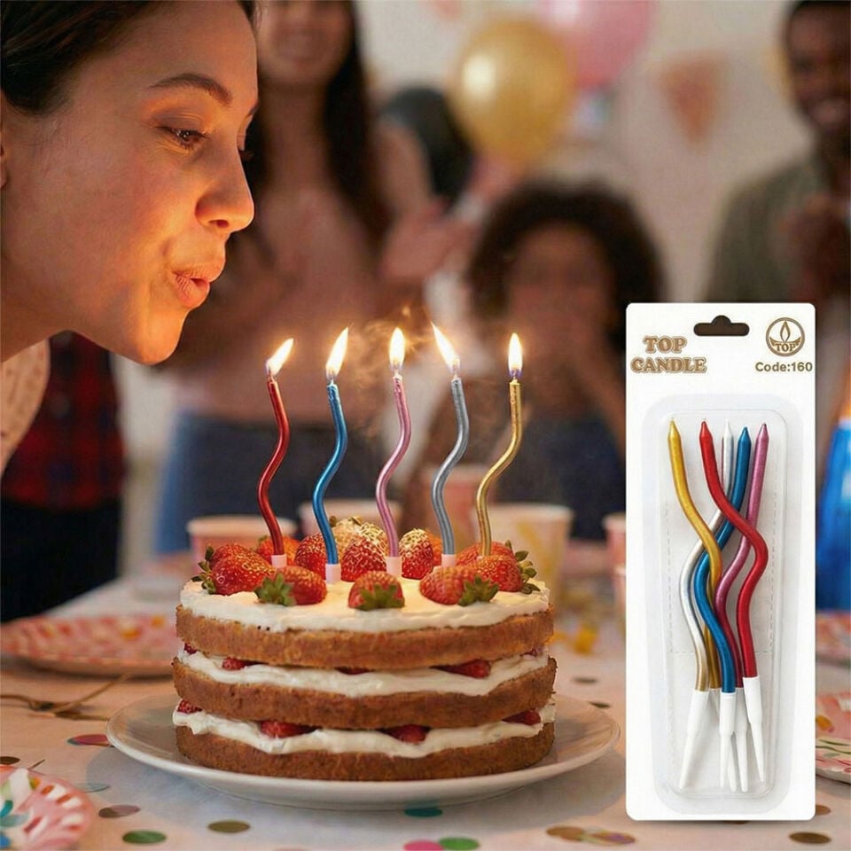 Metalik Renkli Kıvrımlı Pasta Mumu 12 cm 5 Adet