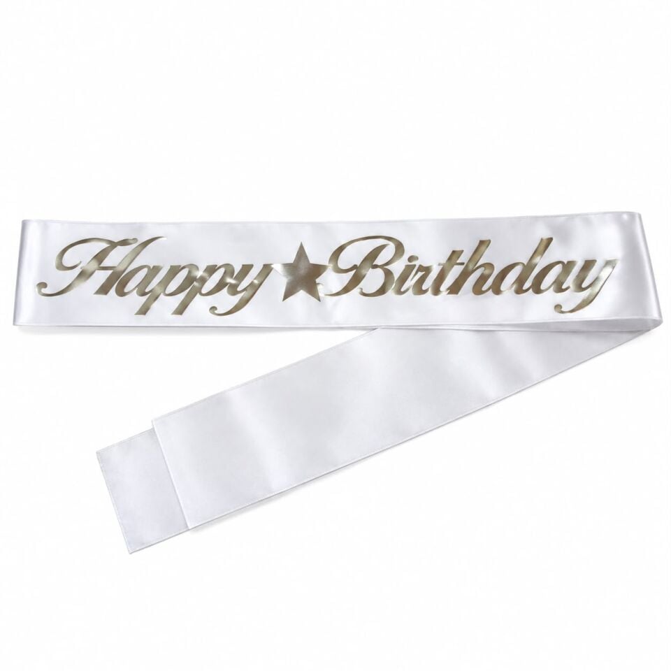 Happy Birthday Beyaz - Gümüş Kumaş Kuşak
