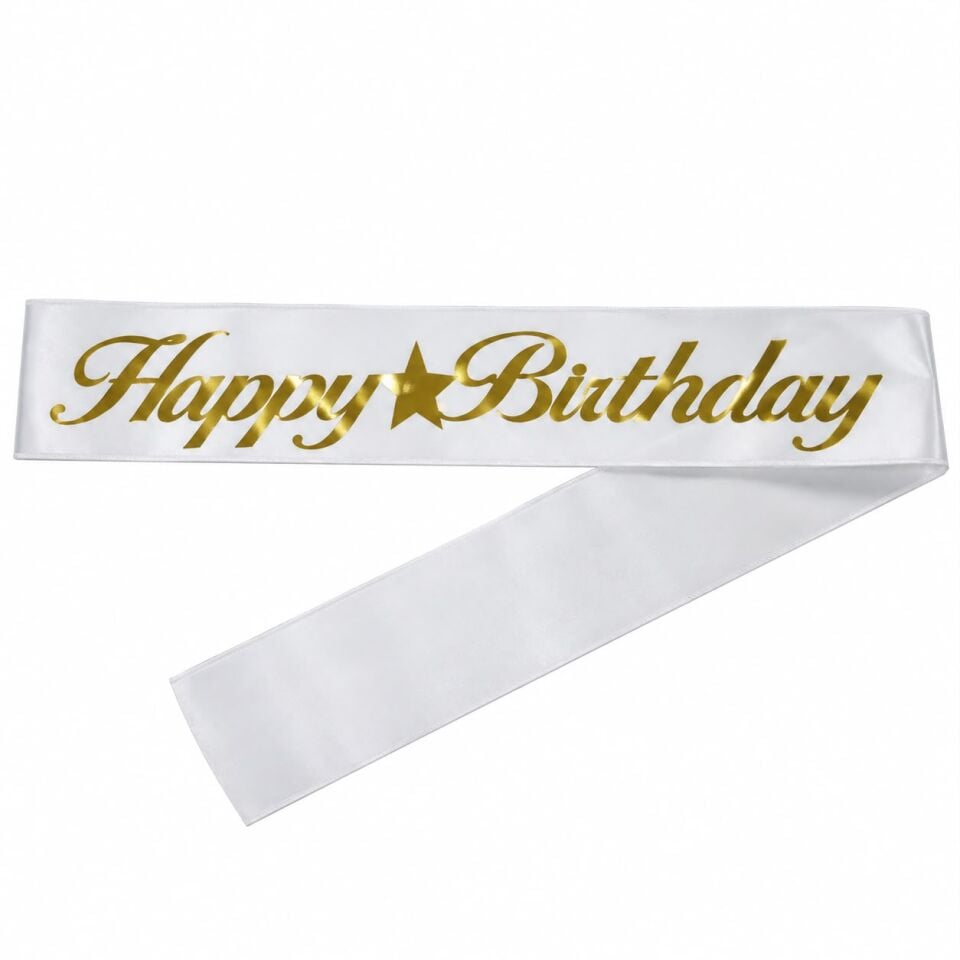 Happy Birthday Beyaz - Gold Kumaş Kuşak