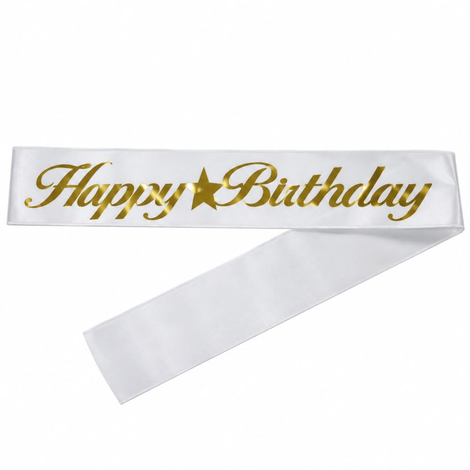 Happy Birthday Beyaz - Gold Kumaş Kuşak