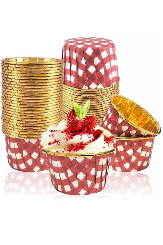 Muffin Kek Kapsülü Kare Desenli Kırmızı-Altın 25 Adet